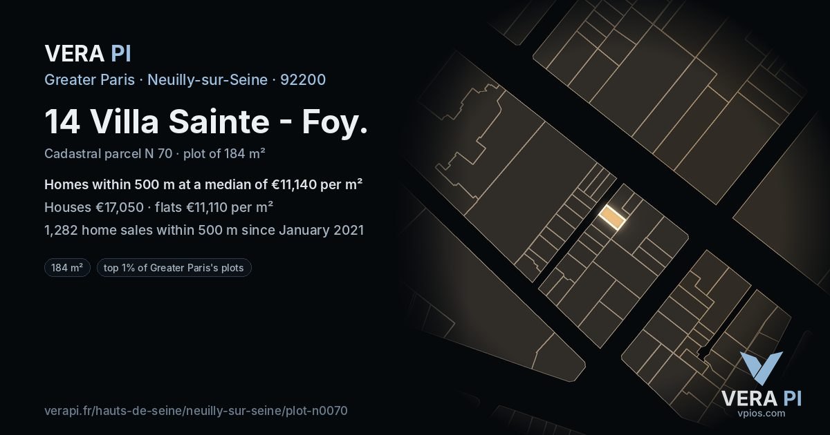 14 Villa Sainte - Foy, Neuilly-sur-Seine at night – the plot lit, the parcels around coloured by the prices near them