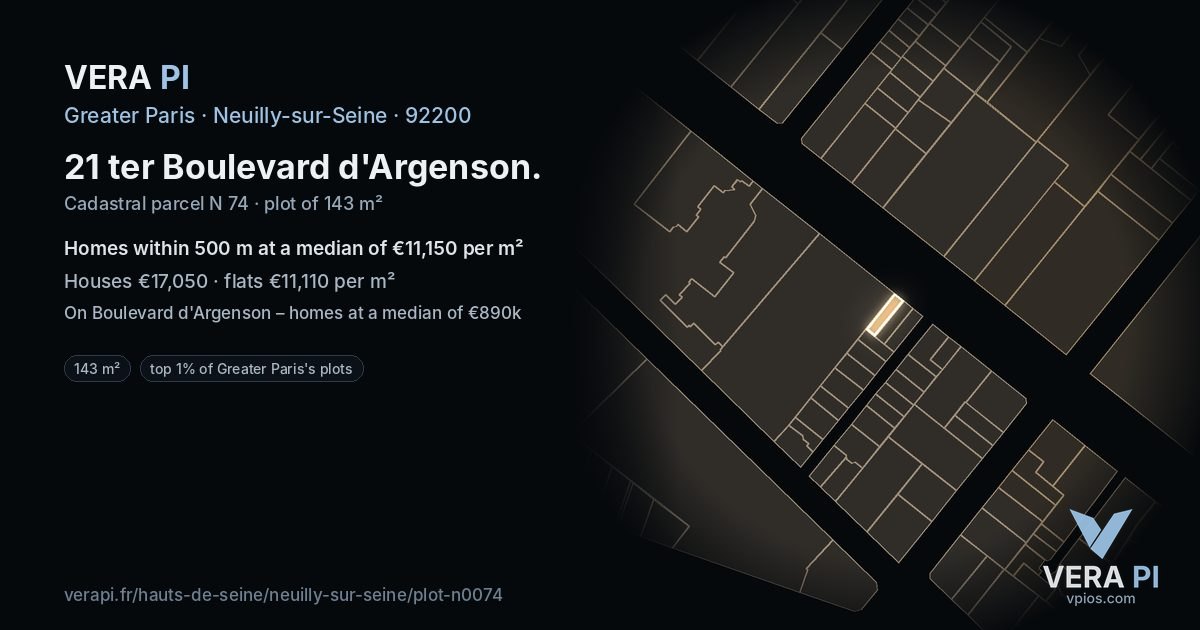 21 ter Boulevard d'Argenson, Neuilly-sur-Seine at night – the plot lit, the parcels around coloured by the prices near them