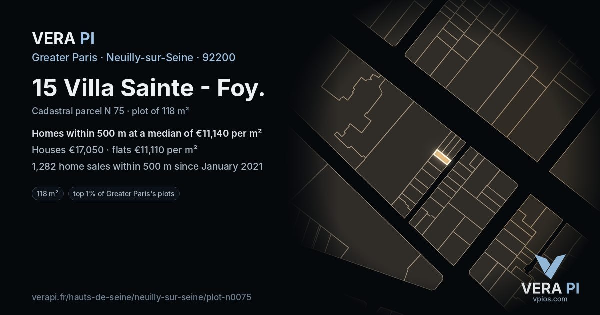 15 Villa Sainte - Foy, Neuilly-sur-Seine at night – the plot lit, the parcels around coloured by the prices near them