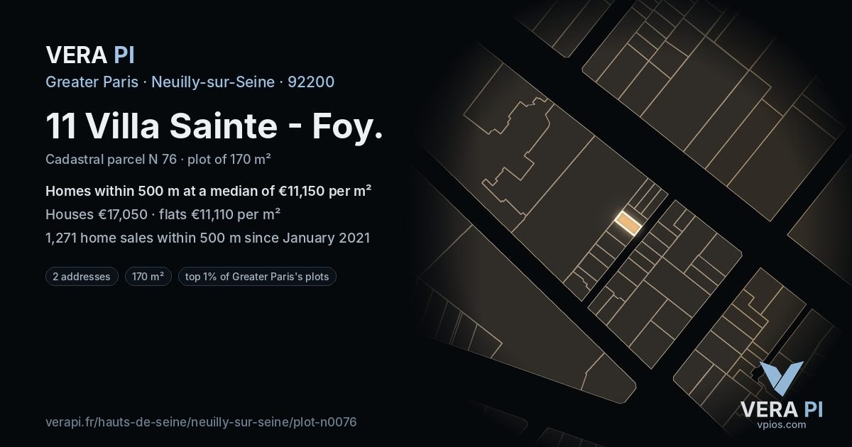 11 Villa Sainte - Foy, Neuilly-sur-Seine at night – the plot lit, the parcels around coloured by the prices near them