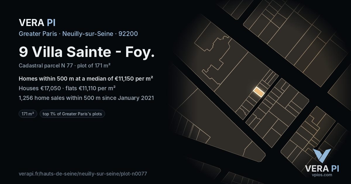 9 Villa Sainte - Foy, Neuilly-sur-Seine at night – the plot lit, the parcels around coloured by the prices near them