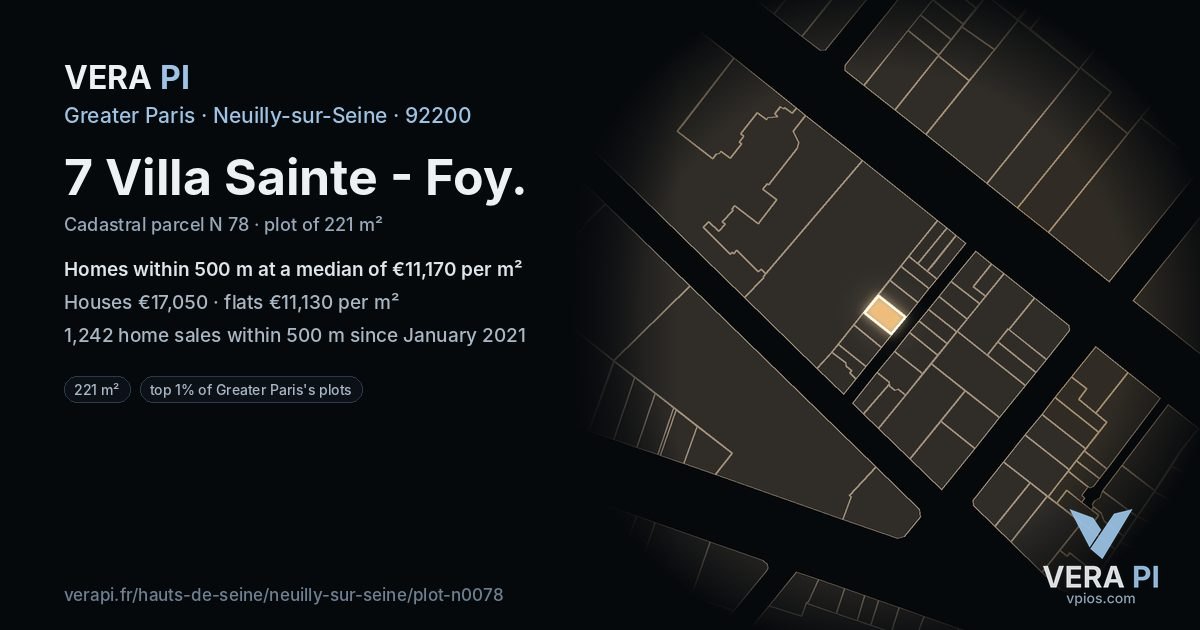 7 Villa Sainte - Foy, Neuilly-sur-Seine at night – the plot lit, the parcels around coloured by the prices near them