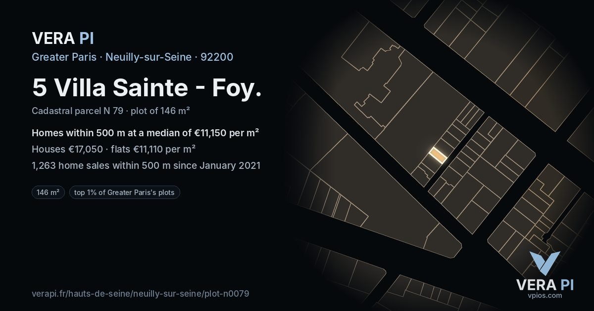 5 Villa Sainte - Foy, Neuilly-sur-Seine at night – the plot lit, the parcels around coloured by the prices near them