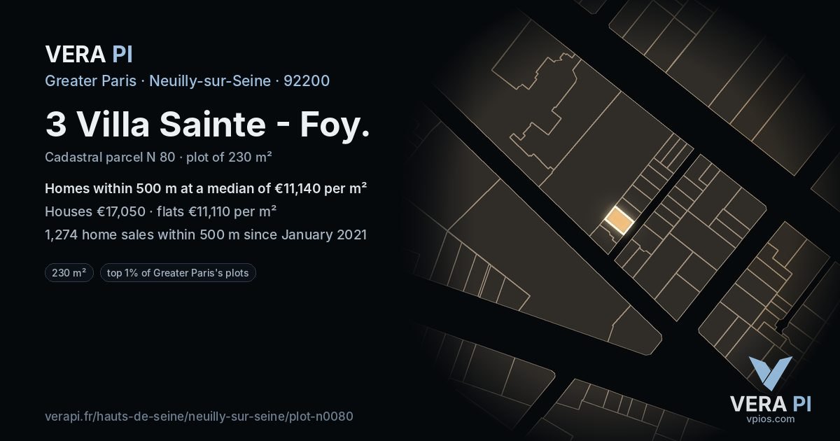 3 Villa Sainte - Foy, Neuilly-sur-Seine at night – the plot lit, the parcels around coloured by the prices near them