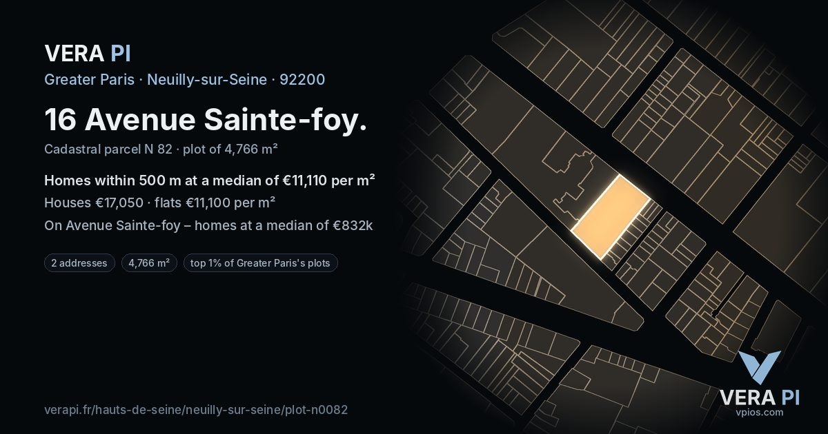16 Avenue Sainte-foy, Neuilly-sur-Seine at night – the plot lit, the parcels around coloured by the prices near them