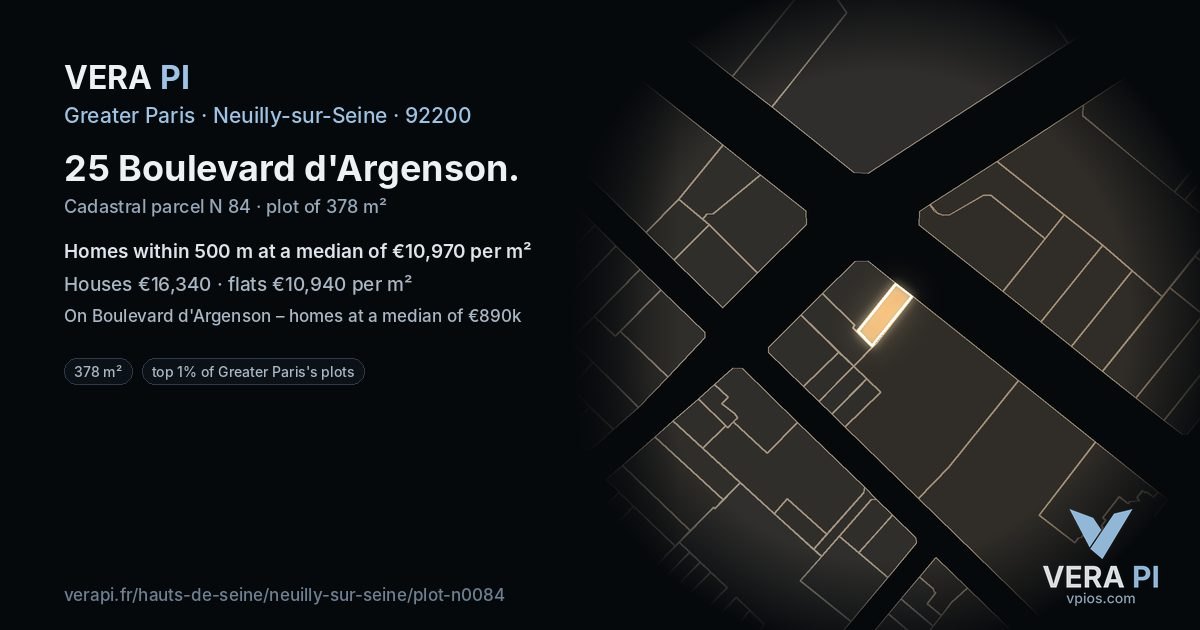25 Boulevard d'Argenson, Neuilly-sur-Seine at night – the plot lit, the parcels around coloured by the prices near them
