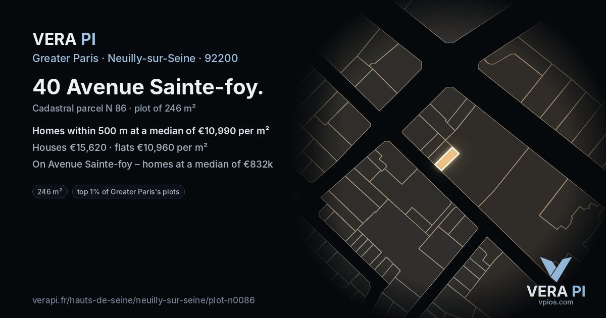 40 Avenue Sainte-foy, Neuilly-sur-Seine at night – the plot lit, the parcels around coloured by the prices near them