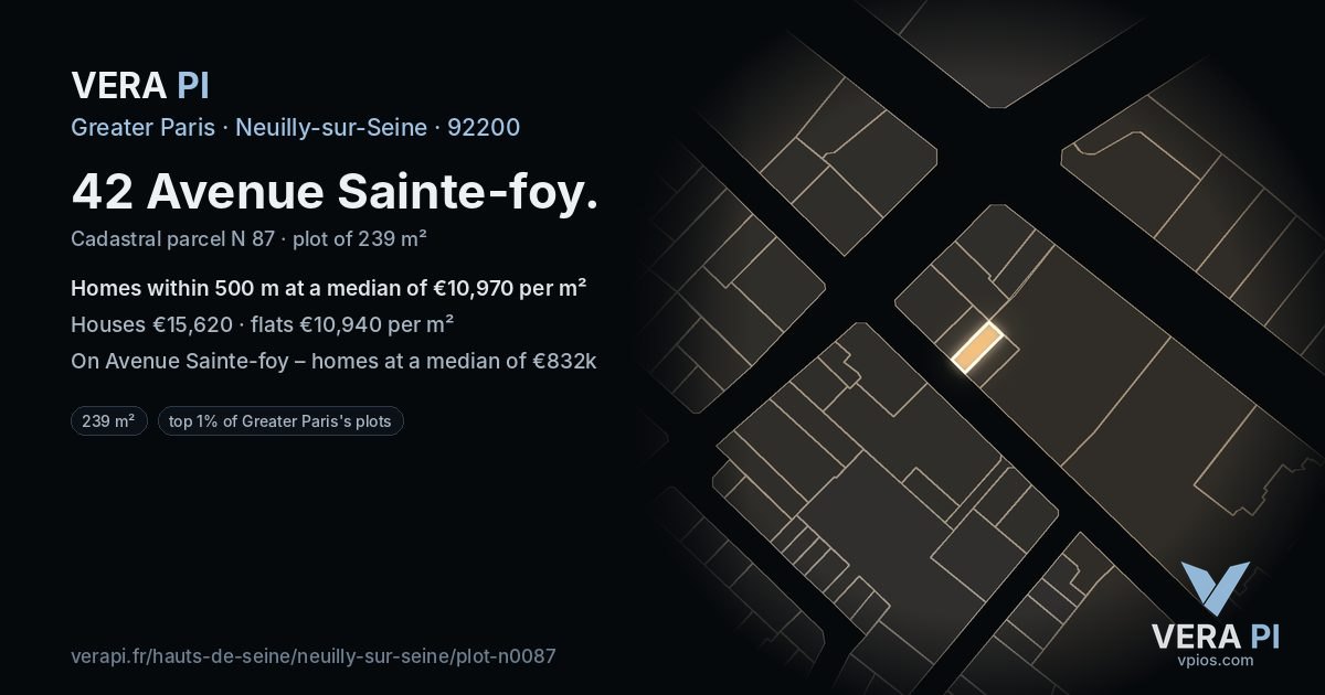42 Avenue Sainte-foy, Neuilly-sur-Seine at night – the plot lit, the parcels around coloured by the prices near them