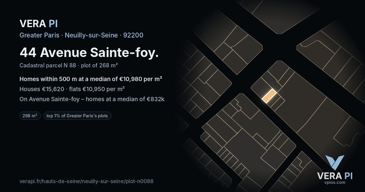 44 Avenue Sainte-foy, Neuilly-sur-Seine at night – the plot lit, the parcels around coloured by the prices near them