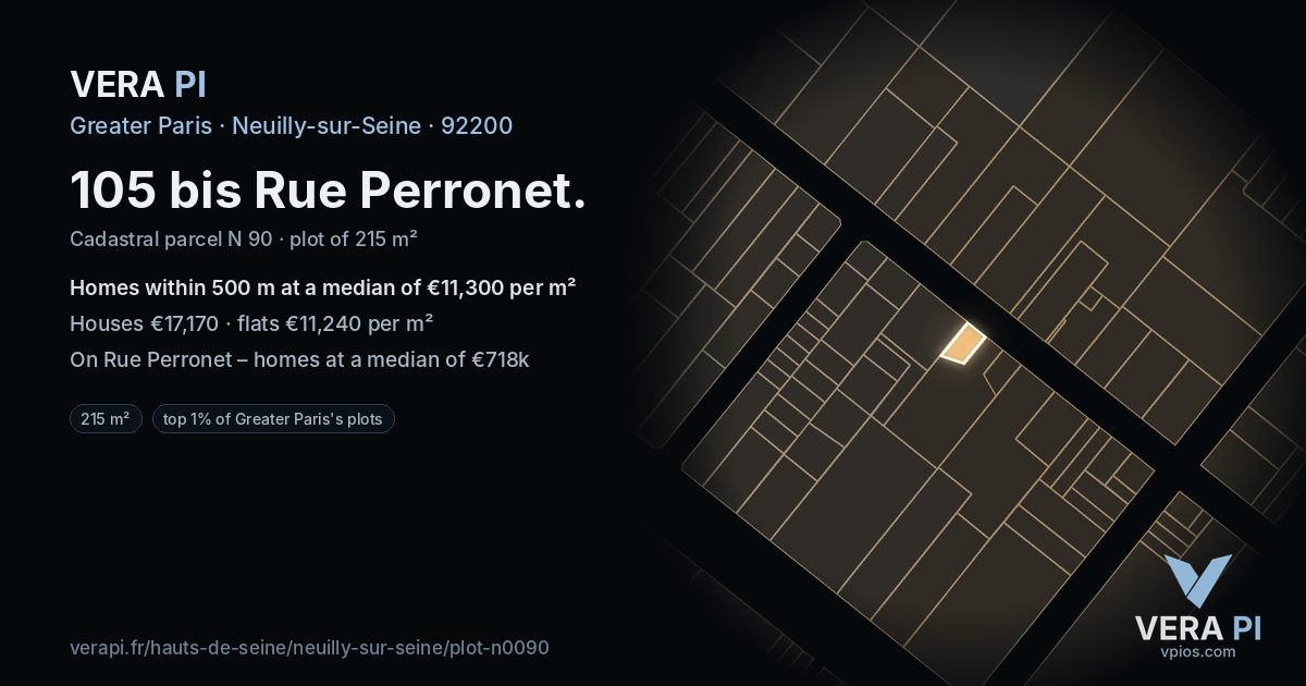 105 bis Rue Perronet, Neuilly-sur-Seine at night – the plot lit, the parcels around coloured by the prices near them