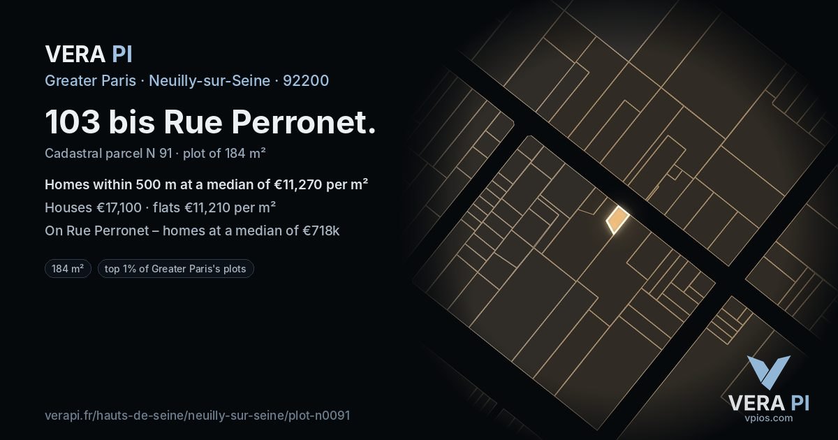 103 bis Rue Perronet, Neuilly-sur-Seine at night – the plot lit, the parcels around coloured by the prices near them