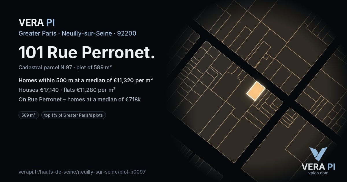 101 Rue Perronet, Neuilly-sur-Seine at night – the plot lit, the parcels around coloured by the prices near them