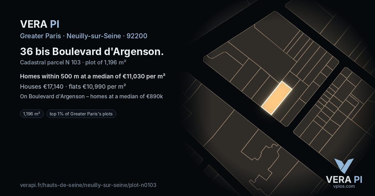 36 bis Boulevard d'Argenson, Neuilly-sur-Seine at night – the plot lit, the parcels around coloured by the prices near them