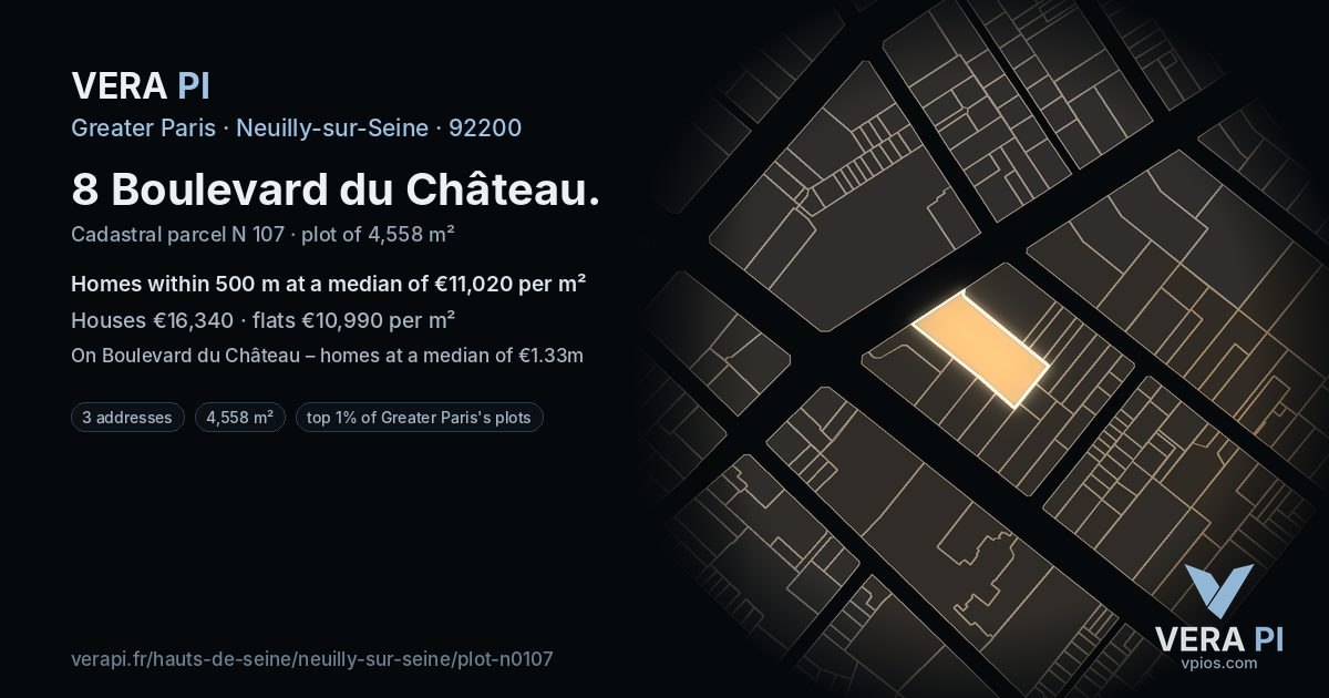 8 Boulevard du Château, Neuilly-sur-Seine at night – the plot lit, the parcels around coloured by the prices near them
