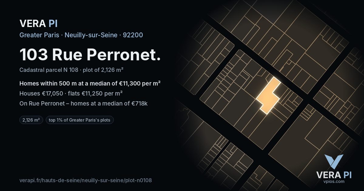 103 Rue Perronet, Neuilly-sur-Seine at night – the plot lit, the parcels around coloured by the prices near them