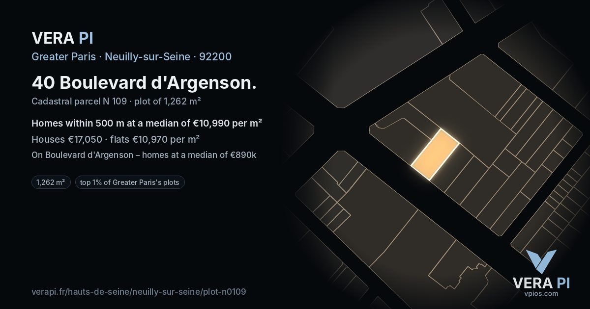 40 Boulevard d'Argenson, Neuilly-sur-Seine at night – the plot lit, the parcels around coloured by the prices near them