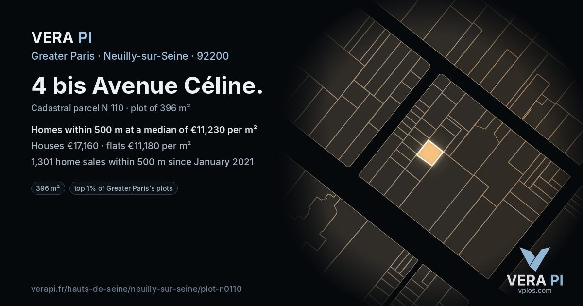 4 bis Avenue Céline, Neuilly-sur-Seine at night – the plot lit, the parcels around coloured by the prices near them