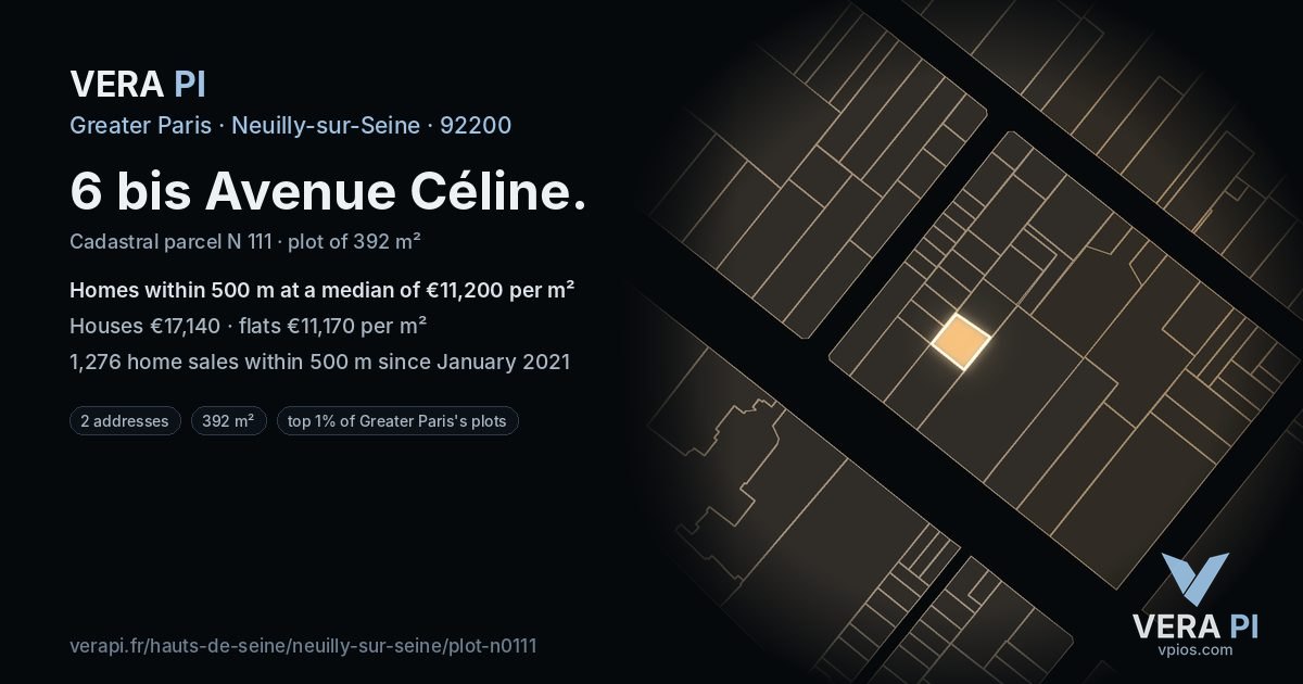 6 bis Avenue Céline, Neuilly-sur-Seine at night – the plot lit, the parcels around coloured by the prices near them