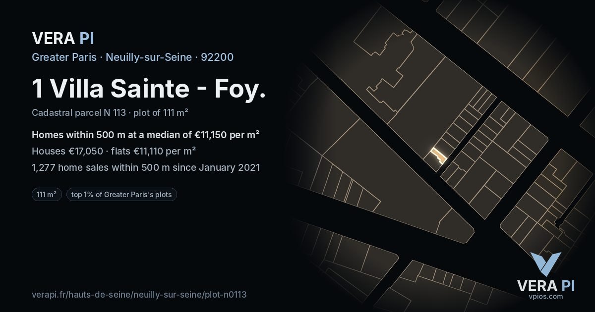 1 Villa Sainte - Foy, Neuilly-sur-Seine at night – the plot lit, the parcels around coloured by the prices near them