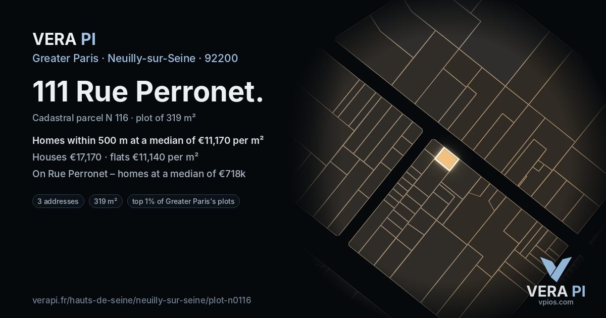 111 Rue Perronet, Neuilly-sur-Seine at night – the plot lit, the parcels around coloured by the prices near them