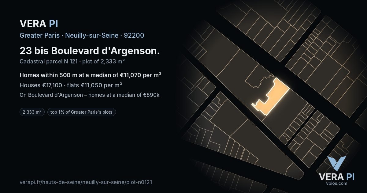 23 bis Boulevard d'Argenson, Neuilly-sur-Seine at night – the plot lit, the parcels around coloured by the prices near them