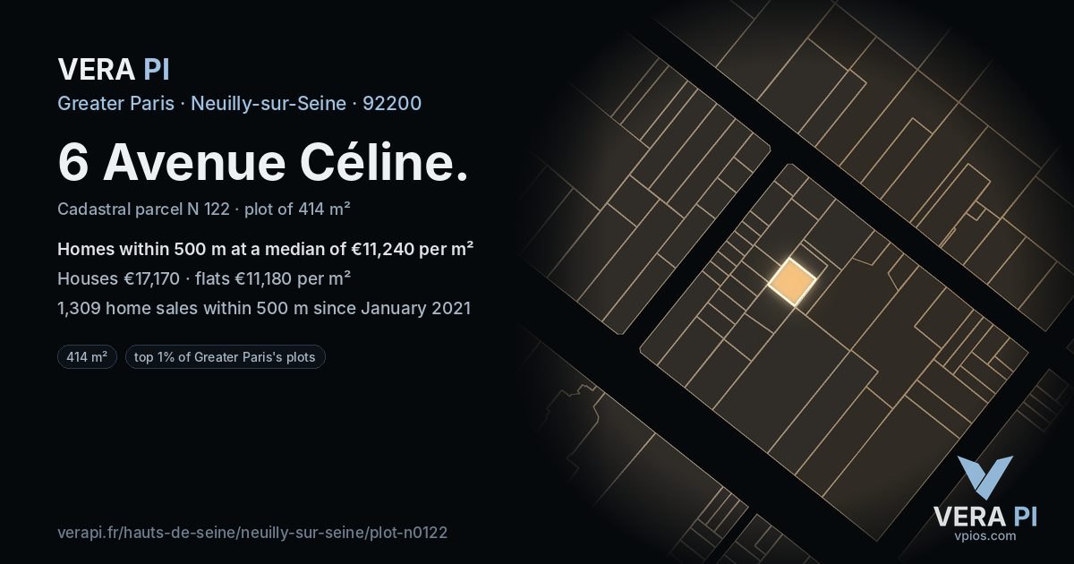 6 Avenue Céline, Neuilly-sur-Seine at night – the plot lit, the parcels around coloured by the prices near them