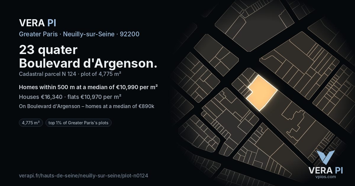 23 quater Boulevard d'Argenson, Neuilly-sur-Seine at night – the plot lit, the parcels around coloured by the prices near them