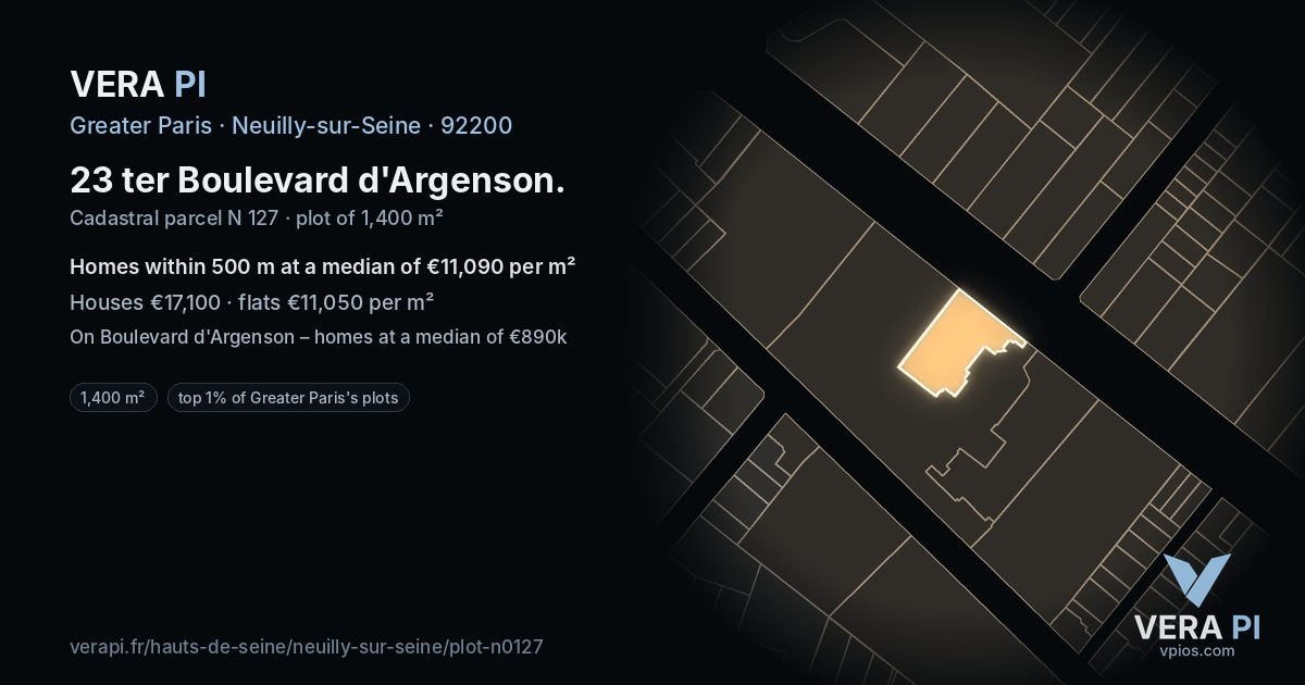 23 ter Boulevard d'Argenson, Neuilly-sur-Seine at night – the plot lit, the parcels around coloured by the prices near them