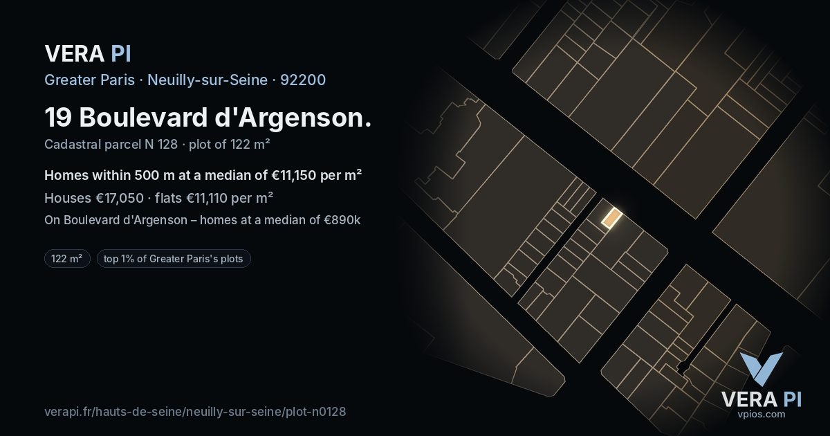 19 Boulevard d'Argenson, Neuilly-sur-Seine at night – the plot lit, the parcels around coloured by the prices near them