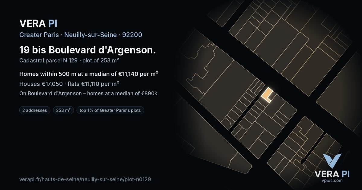 19 bis Boulevard d'Argenson, Neuilly-sur-Seine at night – the plot lit, the parcels around coloured by the prices near them