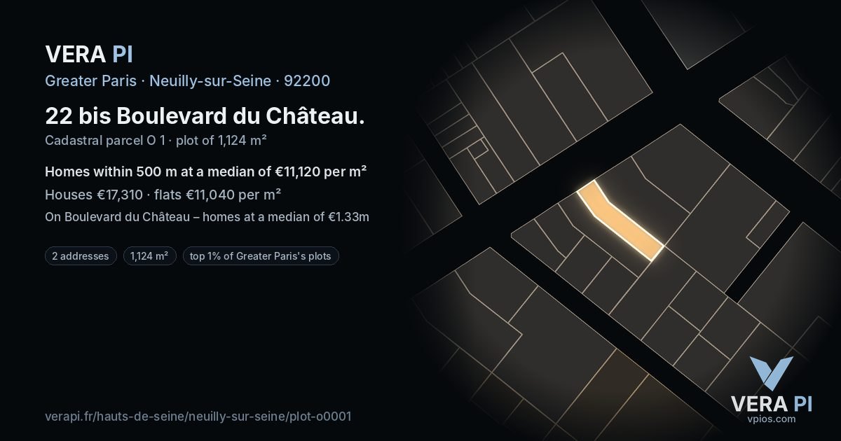 22 bis Boulevard du Château, Neuilly-sur-Seine at night – the plot lit, the parcels around coloured by the prices near them