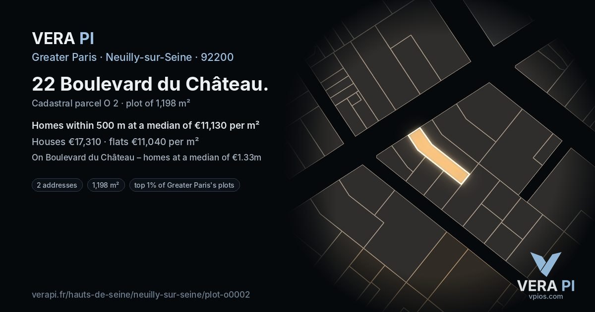 22 Boulevard du Château, Neuilly-sur-Seine at night – the plot lit, the parcels around coloured by the prices near them