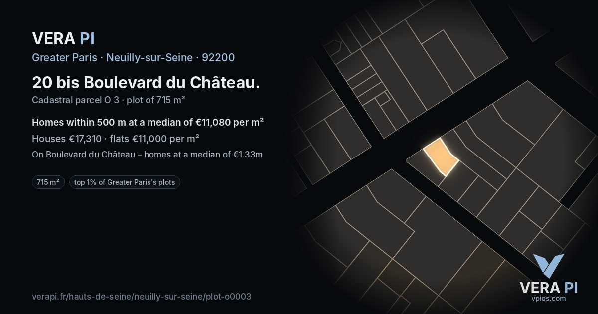 20 bis Boulevard du Château, Neuilly-sur-Seine at night – the plot lit, the parcels around coloured by the prices near them