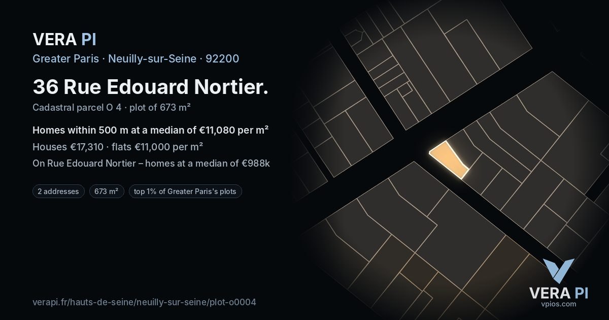 36 Rue Edouard Nortier, Neuilly-sur-Seine at night – the plot lit, the parcels around coloured by the prices near them