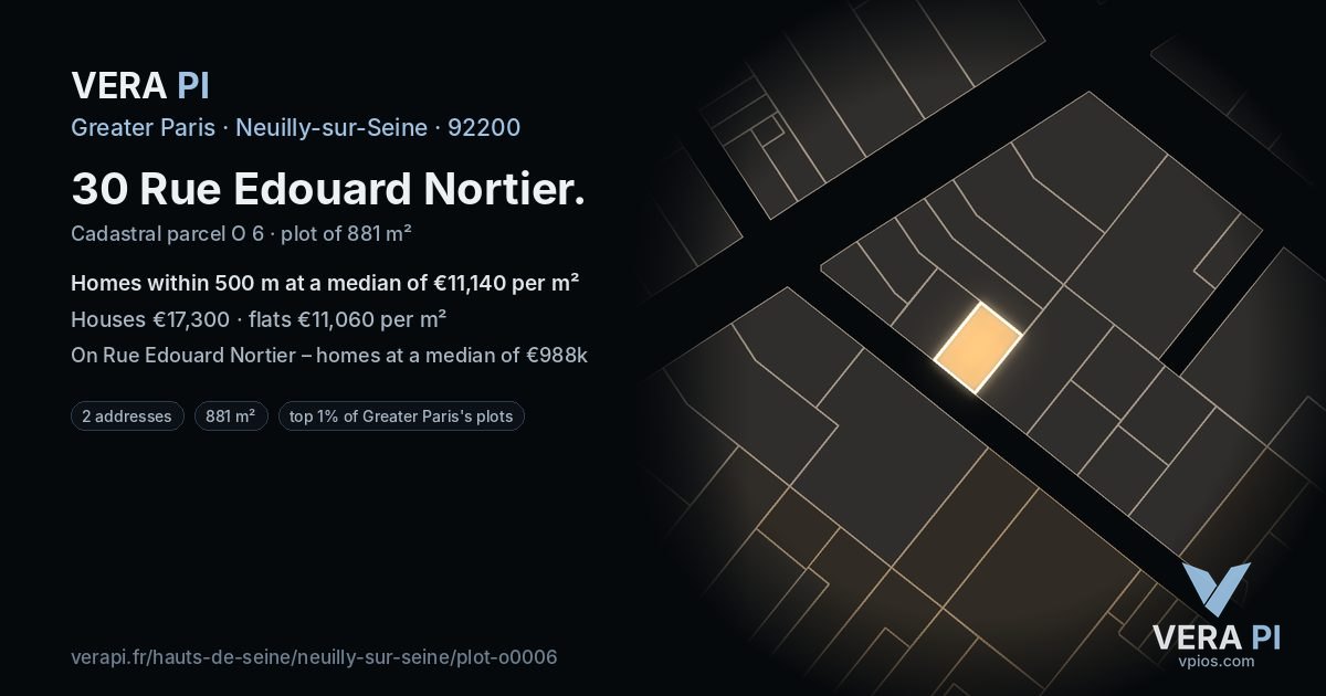 30 Rue Edouard Nortier, Neuilly-sur-Seine at night – the plot lit, the parcels around coloured by the prices near them