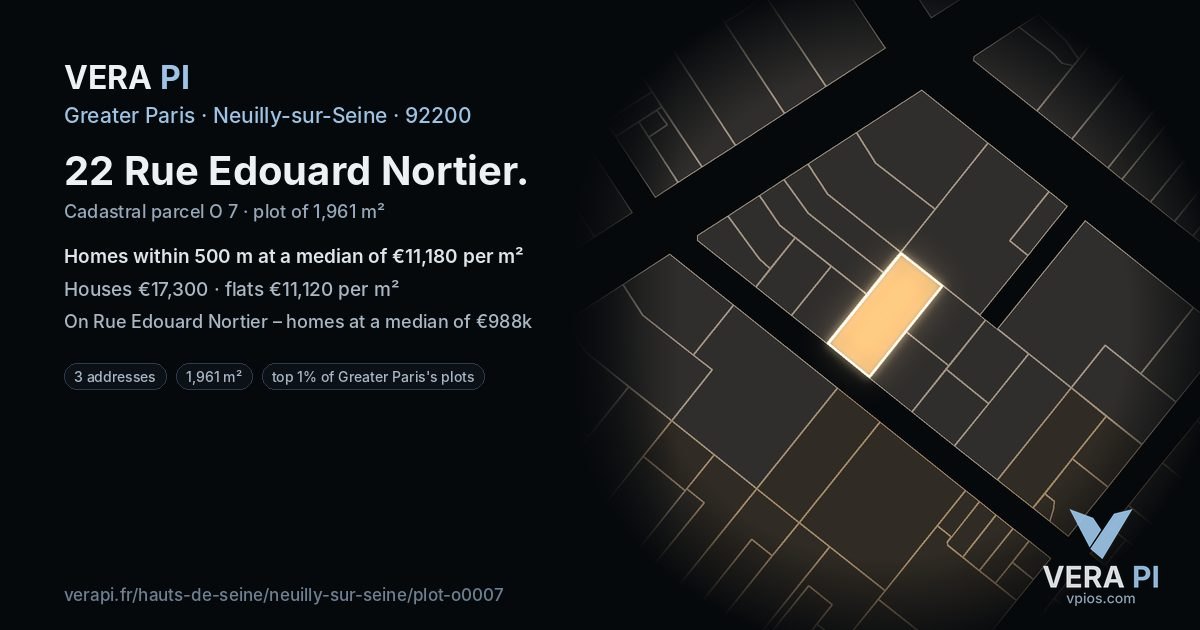 22 Rue Edouard Nortier, Neuilly-sur-Seine at night – the plot lit, the parcels around coloured by the prices near them