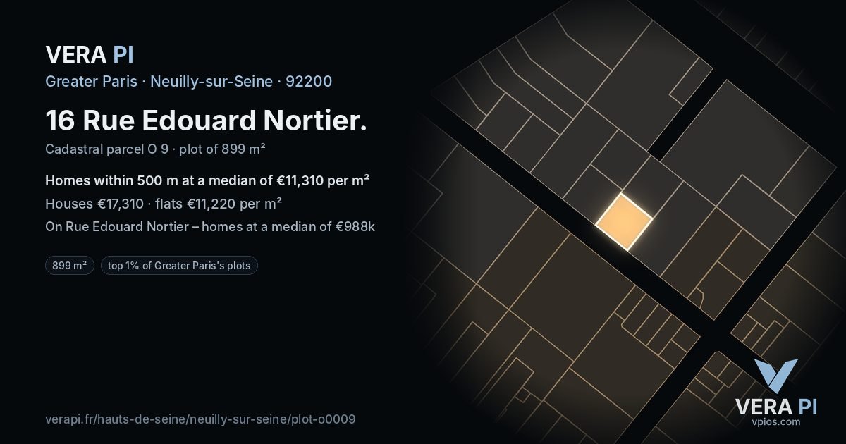 16 Rue Edouard Nortier, Neuilly-sur-Seine at night – the plot lit, the parcels around coloured by the prices near them