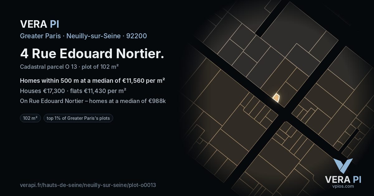 4 Rue Edouard Nortier, Neuilly-sur-Seine at night – the plot lit, the parcels around coloured by the prices near them