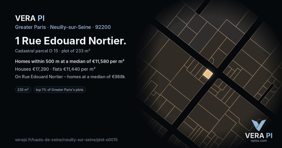1 Rue Edouard Nortier, Neuilly-sur-Seine at night – the plot lit, the parcels around coloured by the prices near them