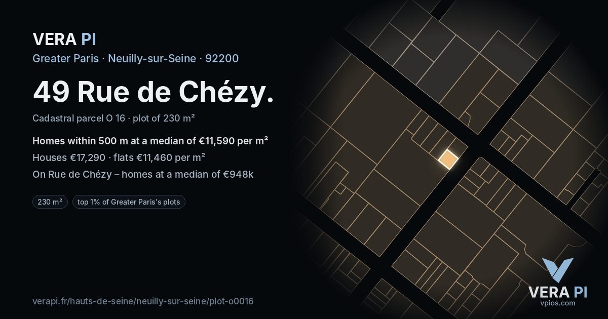 49 Rue de Chézy, Neuilly-sur-Seine at night – the plot lit, the parcels around coloured by the prices near them