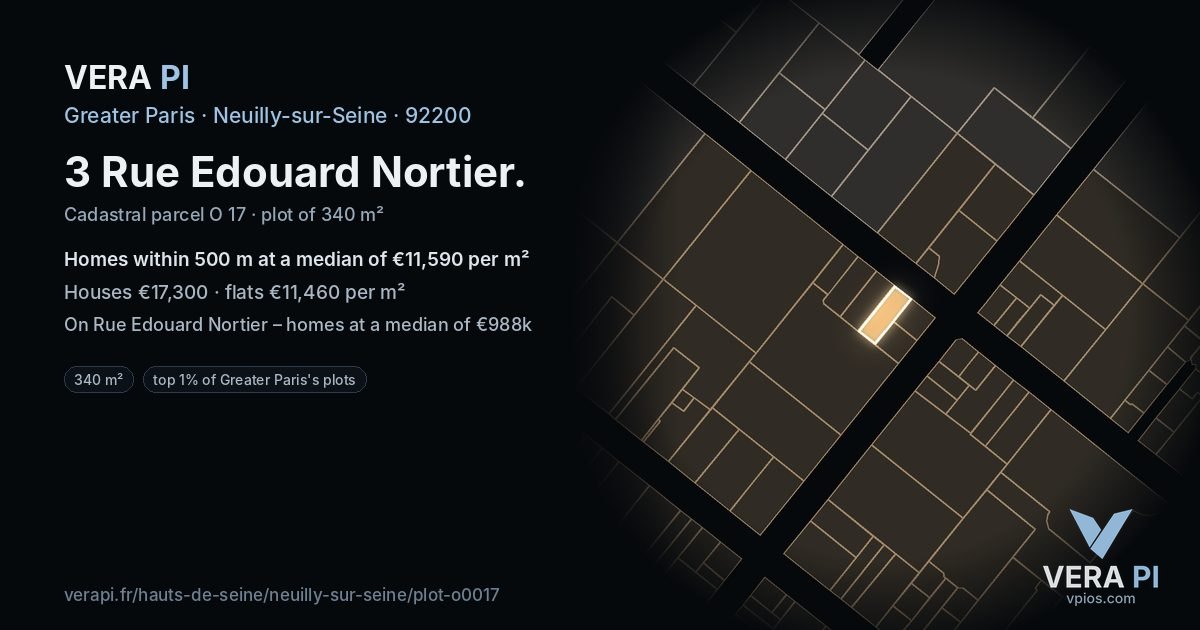 3 Rue Edouard Nortier, Neuilly-sur-Seine at night – the plot lit, the parcels around coloured by the prices near them