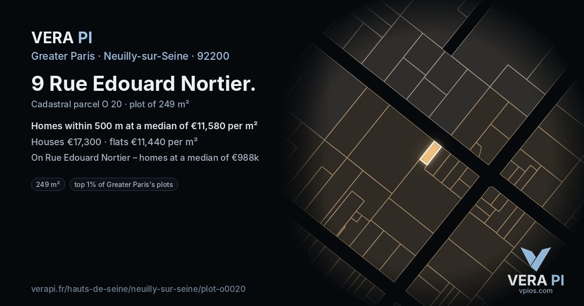 9 Rue Edouard Nortier, Neuilly-sur-Seine at night – the plot lit, the parcels around coloured by the prices near them