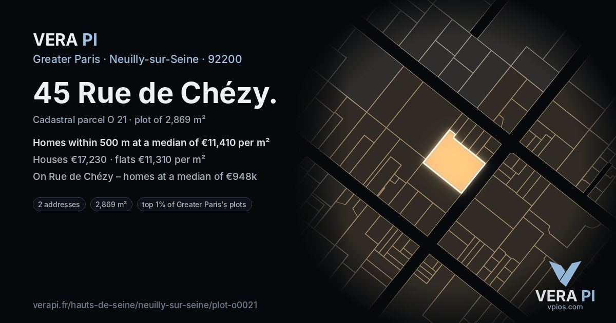 45 Rue de Chézy, Neuilly-sur-Seine at night – the plot lit, the parcels around coloured by the prices near them