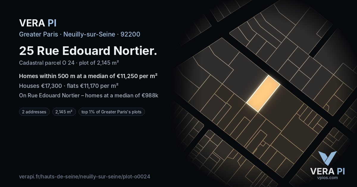25 Rue Edouard Nortier, Neuilly-sur-Seine at night – the plot lit, the parcels around coloured by the prices near them