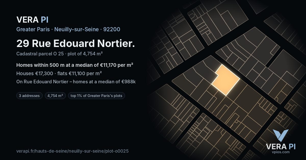 29 Rue Edouard Nortier, Neuilly-sur-Seine at night – the plot lit, the parcels around coloured by the prices near them