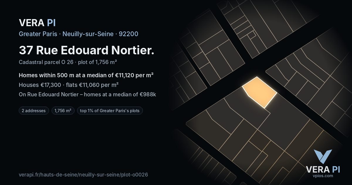 37 Rue Edouard Nortier, Neuilly-sur-Seine at night – the plot lit, the parcels around coloured by the prices near them