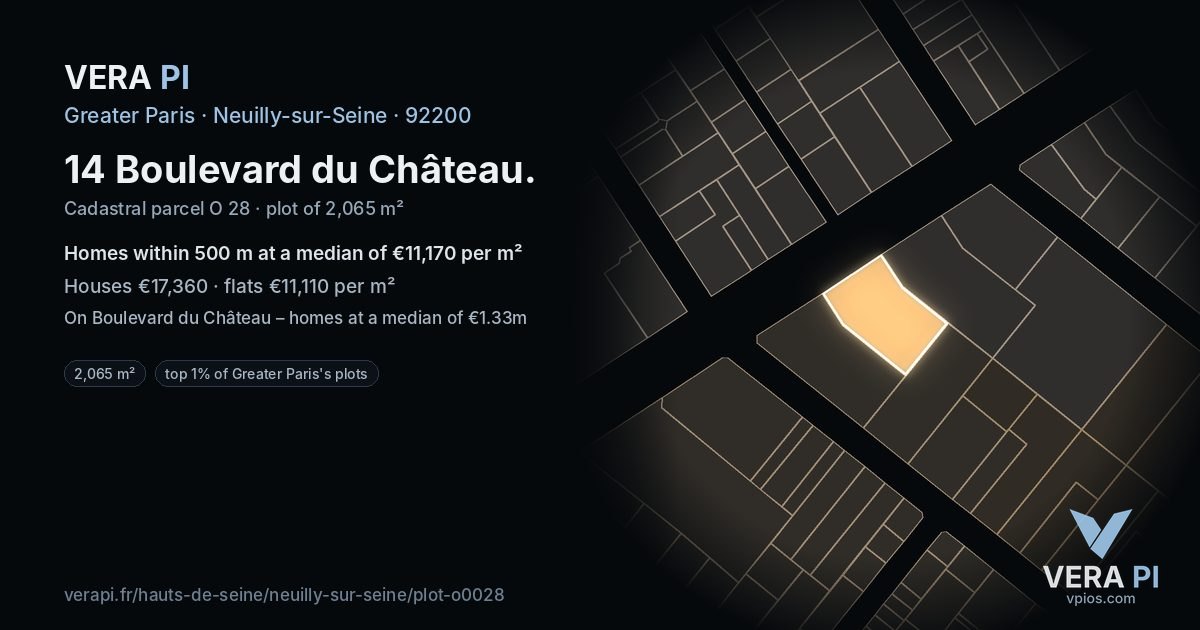 14 Boulevard du Château, Neuilly-sur-Seine at night – the plot lit, the parcels around coloured by the prices near them