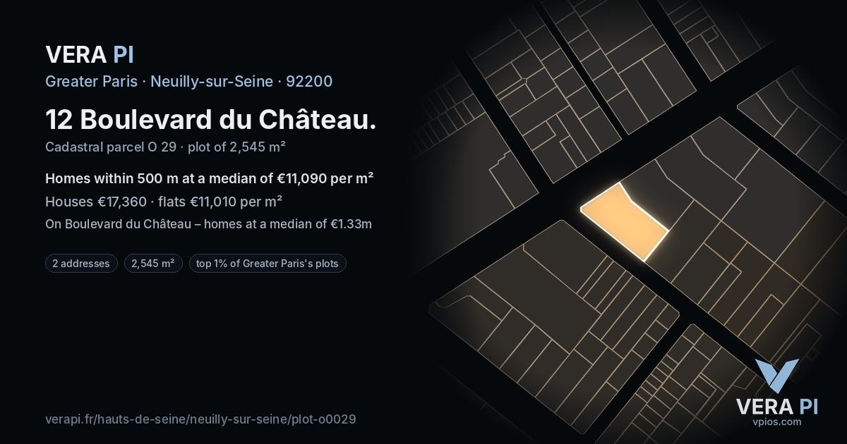 12 Boulevard du Château, Neuilly-sur-Seine at night – the plot lit, the parcels around coloured by the prices near them