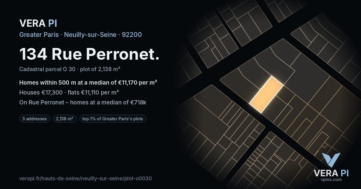 134 Rue Perronet, Neuilly-sur-Seine at night – the plot lit, the parcels around coloured by the prices near them