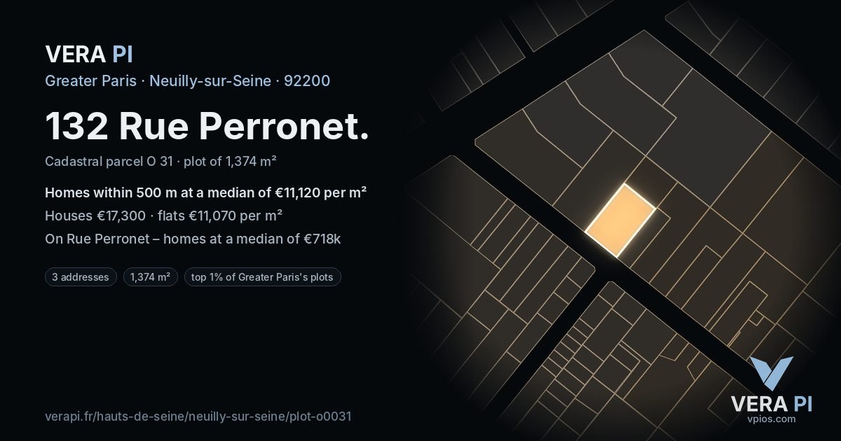 132 Rue Perronet, Neuilly-sur-Seine at night – the plot lit, the parcels around coloured by the prices near them